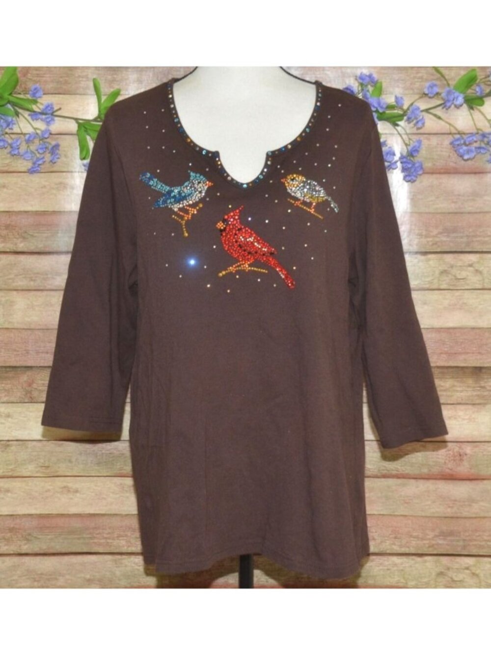 Quacker Factory Brown Top Rhinestone Bling Birds Size XL Cotton Grandma Core
